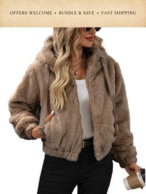 Womens Faux Fur Cropped Coat Hooded Zip Fleece Jacket Winter